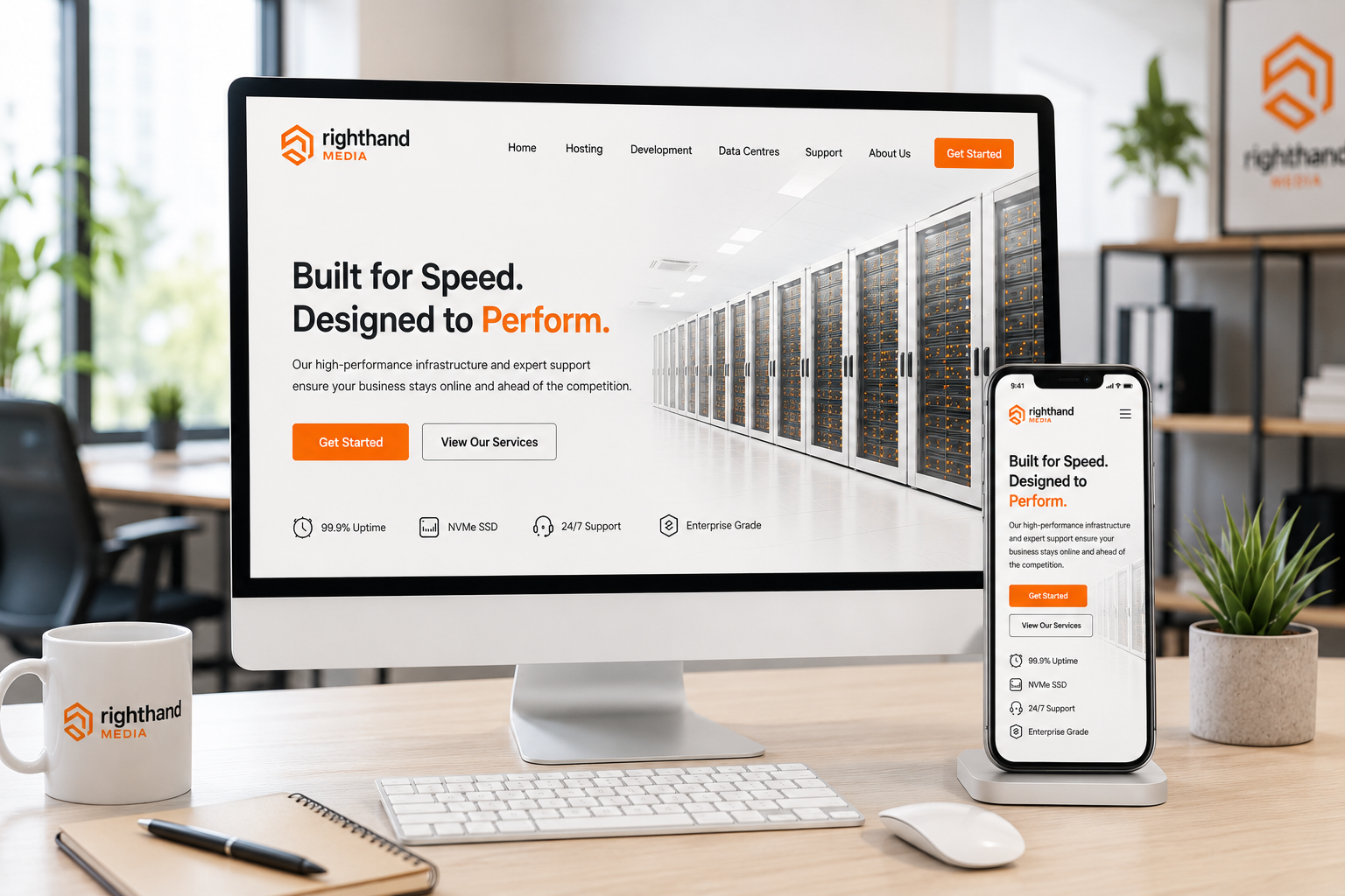Professional website design workspace with desktop and mobile layouts
